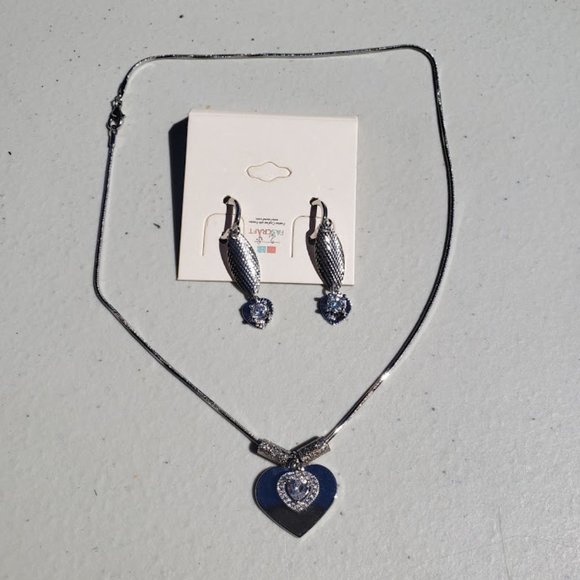 Silver Faux Diamond Heart Earring and Necklace Set - Picture 1 of 5